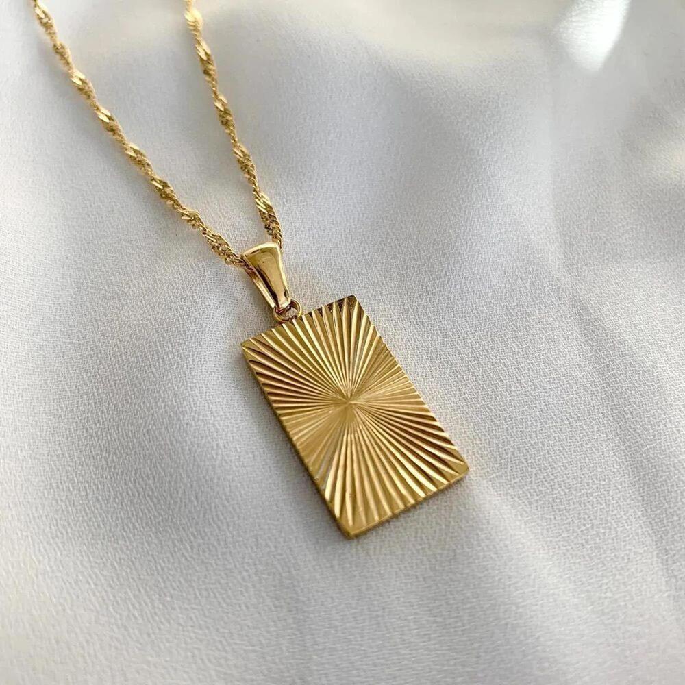 Gold Sunburst Rectangle Pendant Necklace - BRAND NEW